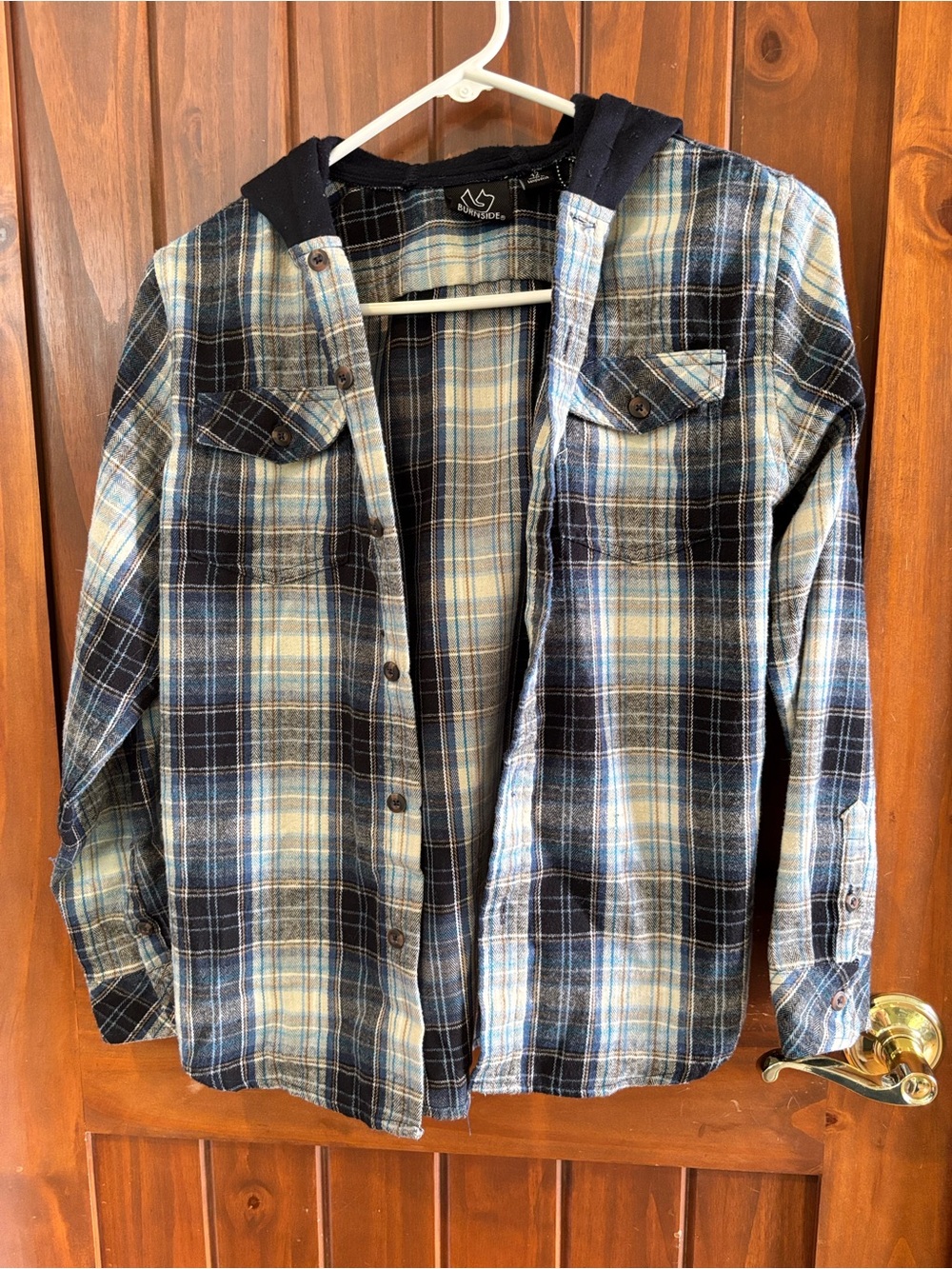 Kids Navy & Light Blue long sleeve Plaid Button-Down Hooded Shirt